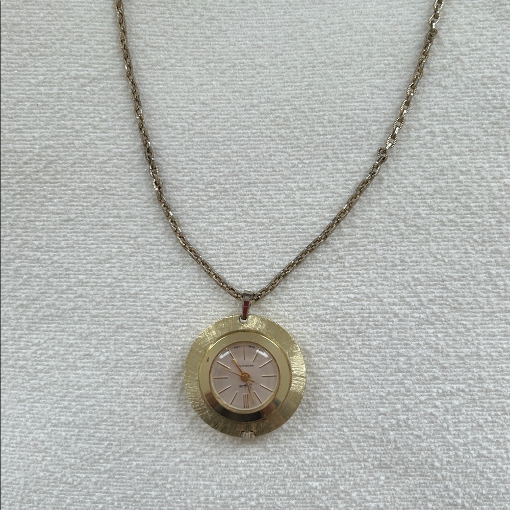 Vtg Sheffield Round Necklace Watch, Gold Tone Manual Wind, Shock Resistant